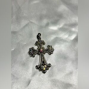 Gothic Cross Pendant Rhinestone Silver Tone Filagree